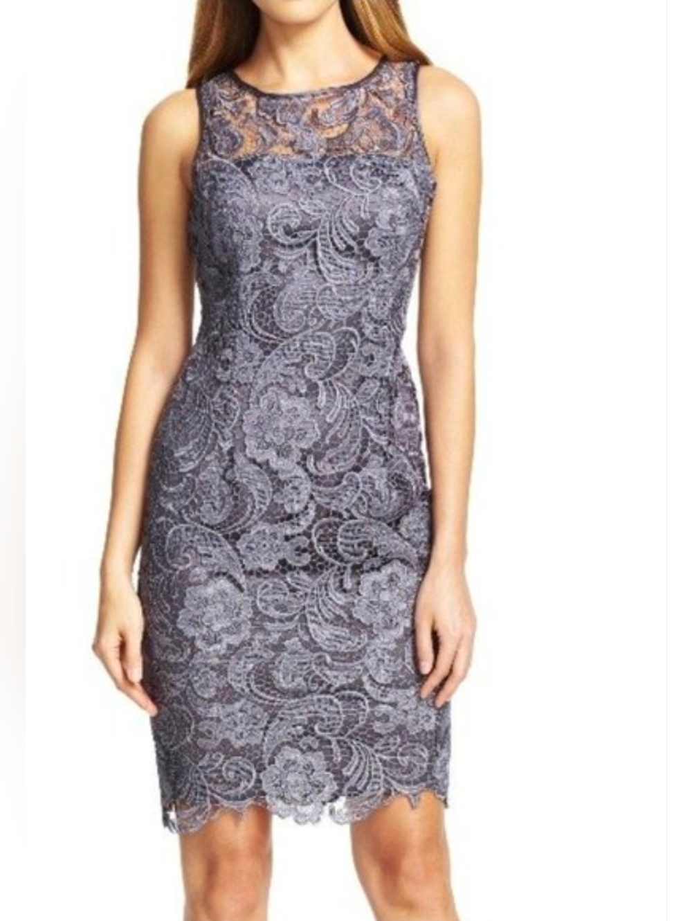 Adrianna Papell Illusion Lace Sheath Dress in Gray Size 6